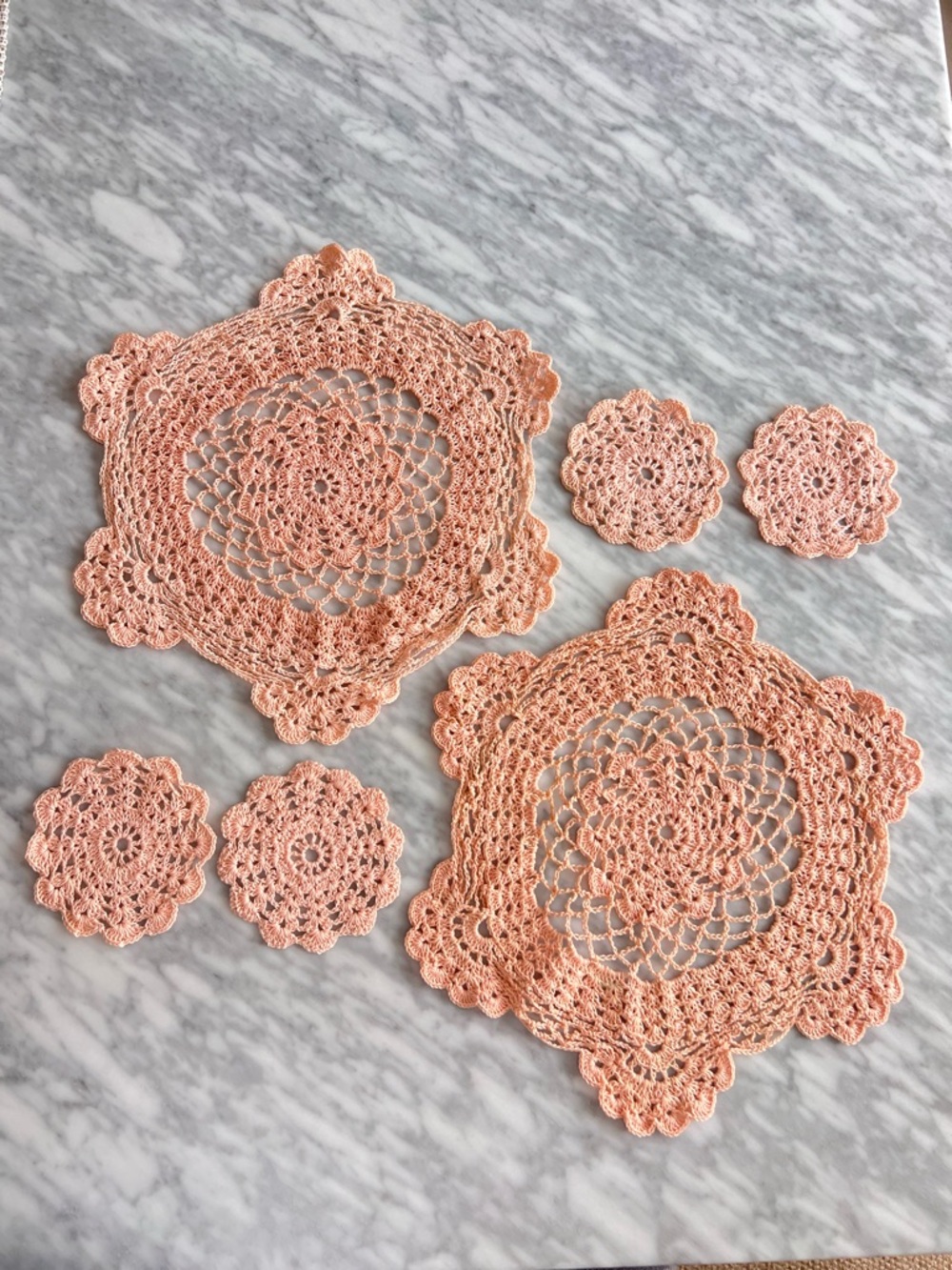 Vintage Handmade Crochet Doilies in Peach Set